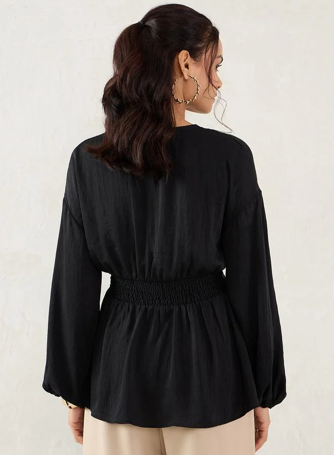 Femmella Women Black Balloon Sleeve Wrap Top